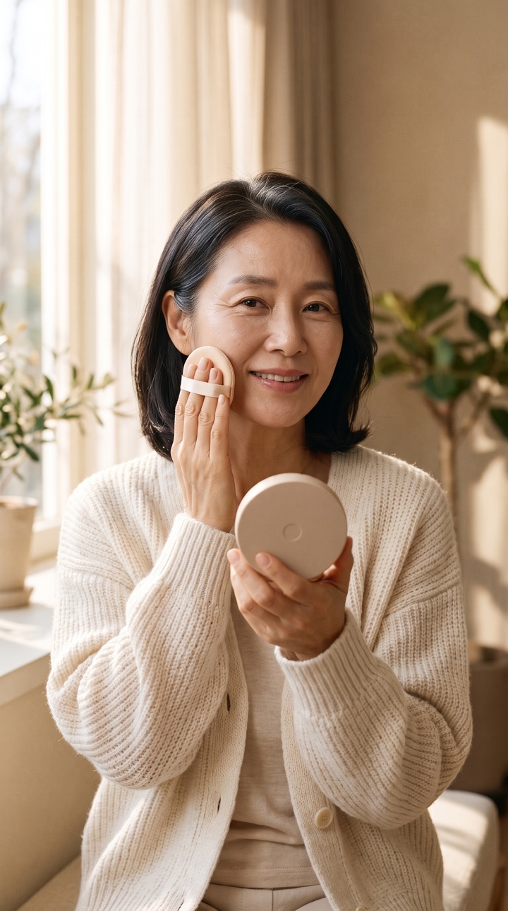 창가에서 쿠션 팩트를 들고 퍼프로 볼을 두드리는 50대 여성. AI 가상 모델