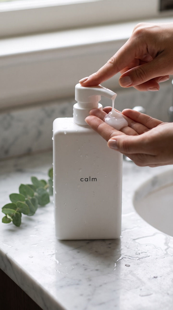 세면대 위 흰 샴푸 병의 펌프를 눌러 손바닥에 덜어 내는 장면. 병 앞면에 calm 글자가 선명하다