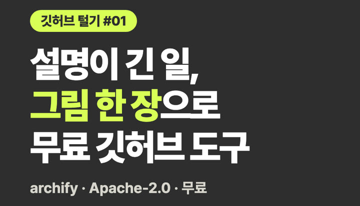 릴스 표지: 깃허브 털기 #01, 설명이 긴 일, 그림 한 장으로 무료 깃허브 도구, archify · Apache-2.0 · 무료